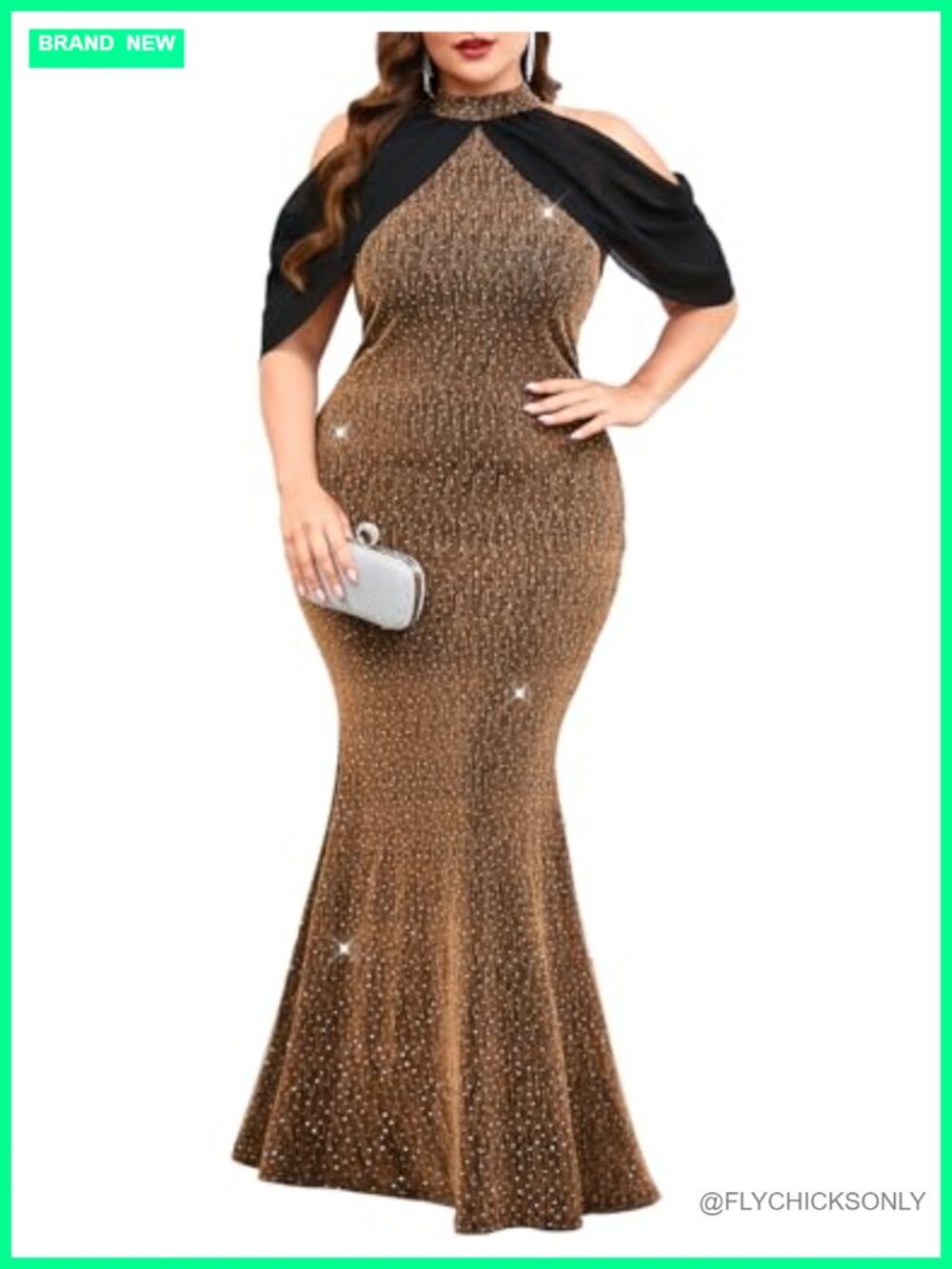 Plus Size Sparkly Halter Neck Maxi Dress with Chiffon Cape Sleeves Mermaid